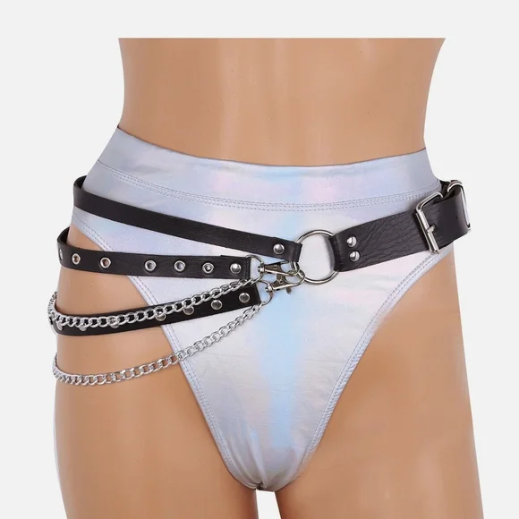 Plus Size☆ Edgy Punk Goth Black Multi-layer Chain And Stud Vegan Leather Belt - Picture 10 of 16